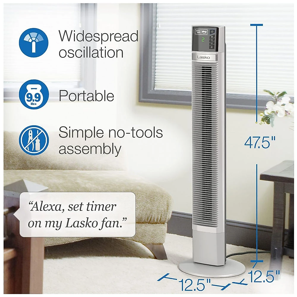 Ventilador de Torre Oscilante com 4 Velocidades, Alexa e Temporizador, 110V Lasko T48401, Branco