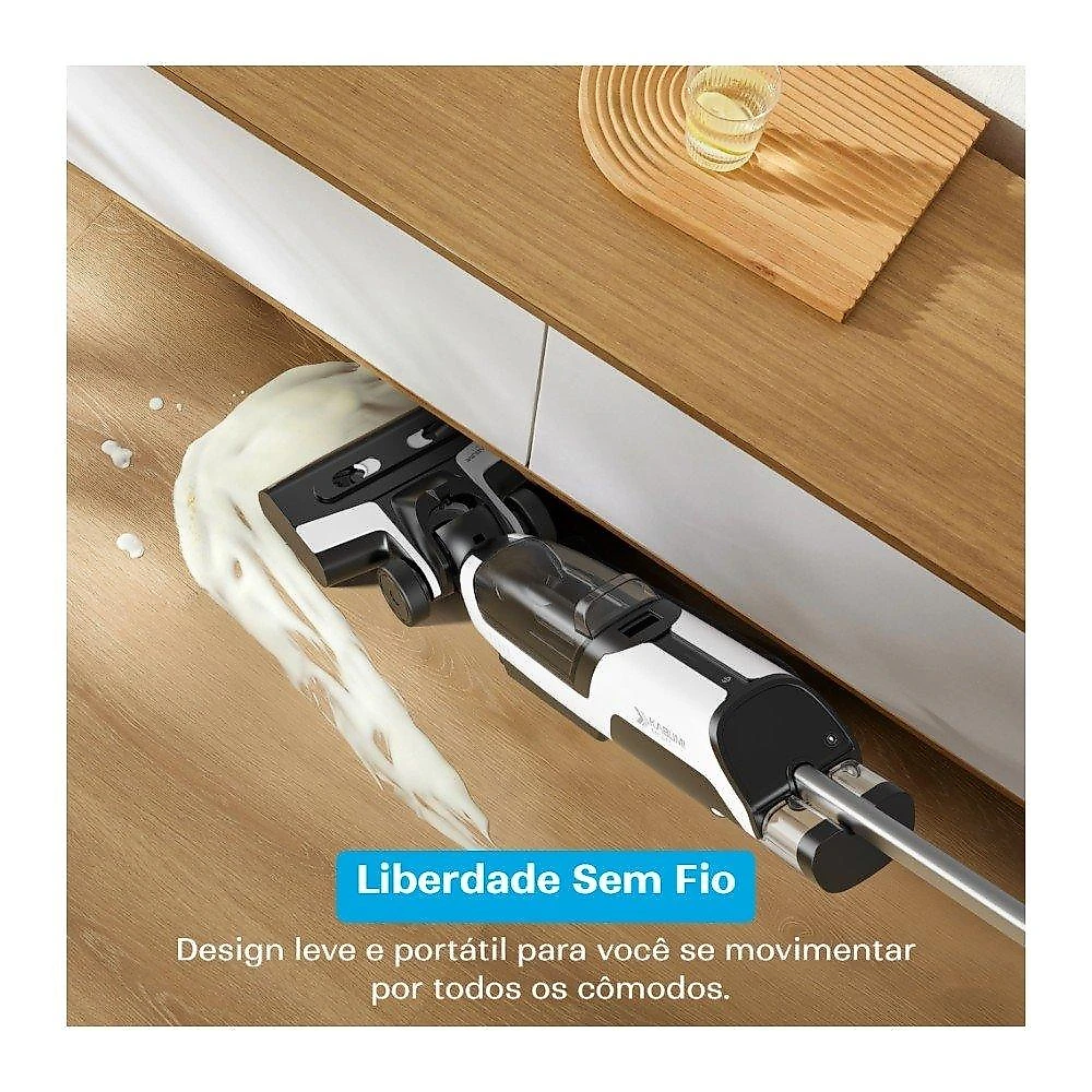 Aspirador de Pó Vertical Sem Fio KABUM! smart Clean Pro - Sólidos e Líquidos, Passa Pano, Base Autolimpante, 5500PA, Bivolt, Branco - KSAV300BR Aspirador de Pó Vertical Sem Fio KABUM! smart Clean Pro, Aspira e Passa Pano, Autolimpante, 5000mAh, Bivolt, Branco - KSAV300BR