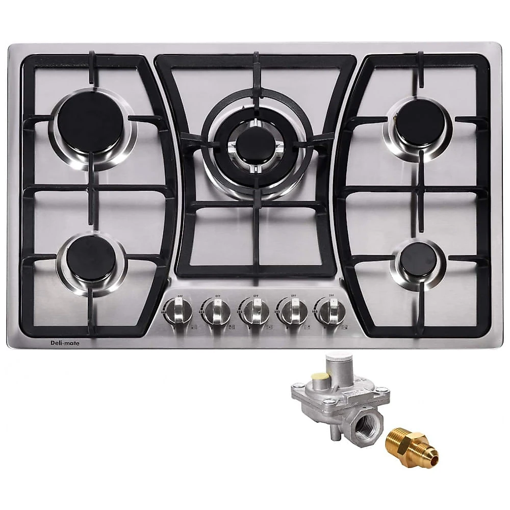 Cooktop a gás 76cm Deli-mate inox 5 queimadores selados 42718BTU conversível GN/GLP acendimento elétrico 110V