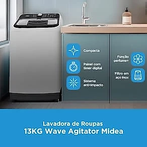 Lavadora de Roupas Midea Wave Agitator 13kg MA512W130A com Timer Digital, Filtro de Fiapos, Função Perfume+ e Sistema Power Mix Dispenser - Branca 110V