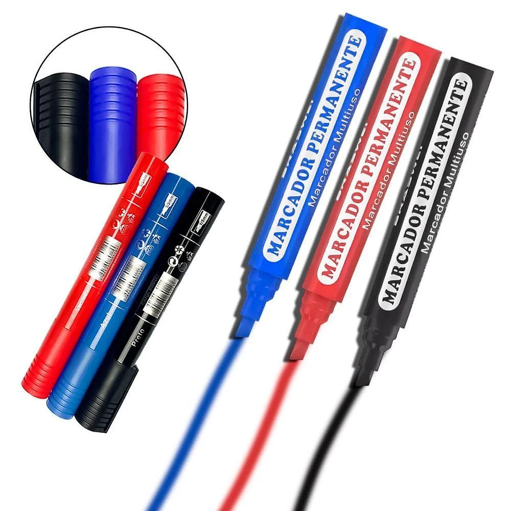 Marcador Permanente Kit com 3 Cores Preto Azul Vermelho com Secagem Rápida e Ponta Chanfrada 1MM