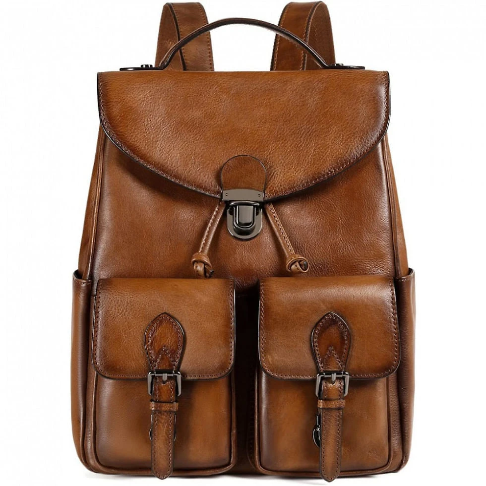 Mochila Feminina para Laptop de Couro, COOLCY, Marrom