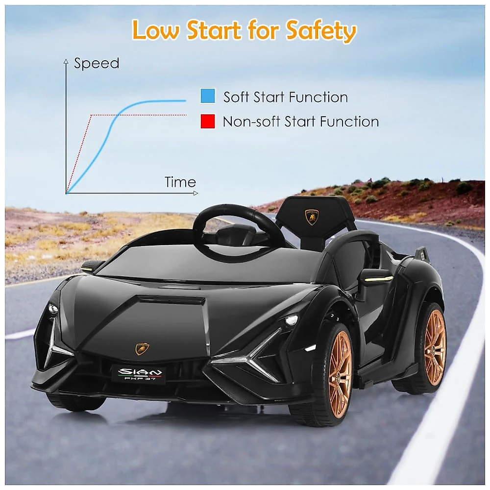 Carro Elétrico Infantil Licenciado Lamborghini SIAN OLAKIDS Preto/Dourado 12V com Controle Remoto 2 Velocidades, Suspensão e Bluetooth