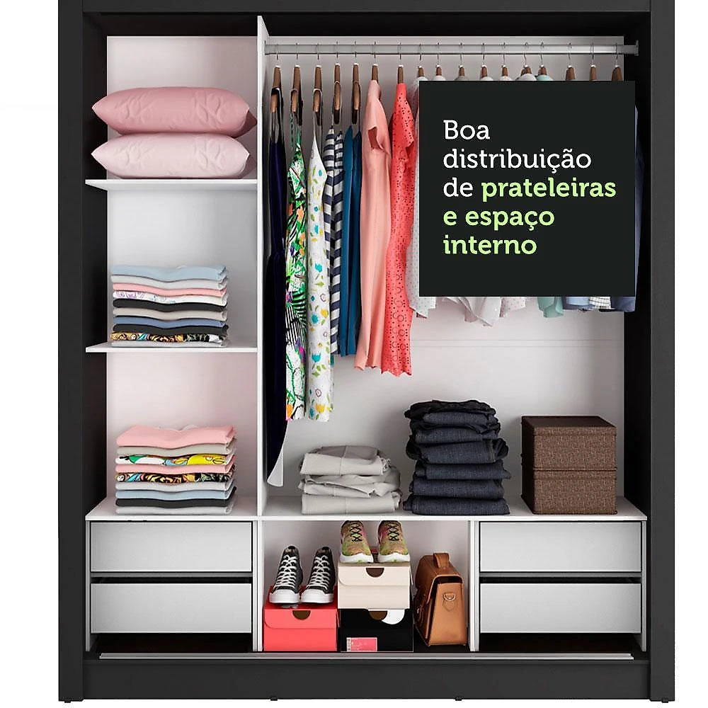 Guarda roupa casal madesa lyon plus 3 portas de correr 4 gavetas preto/rustic