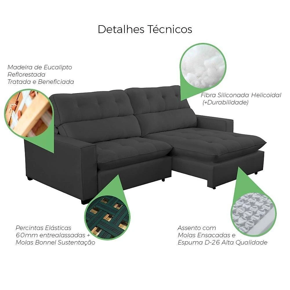 Sofa Retratil Reclinavel 2 Lugares 280cm Veludo Andreia Grafite