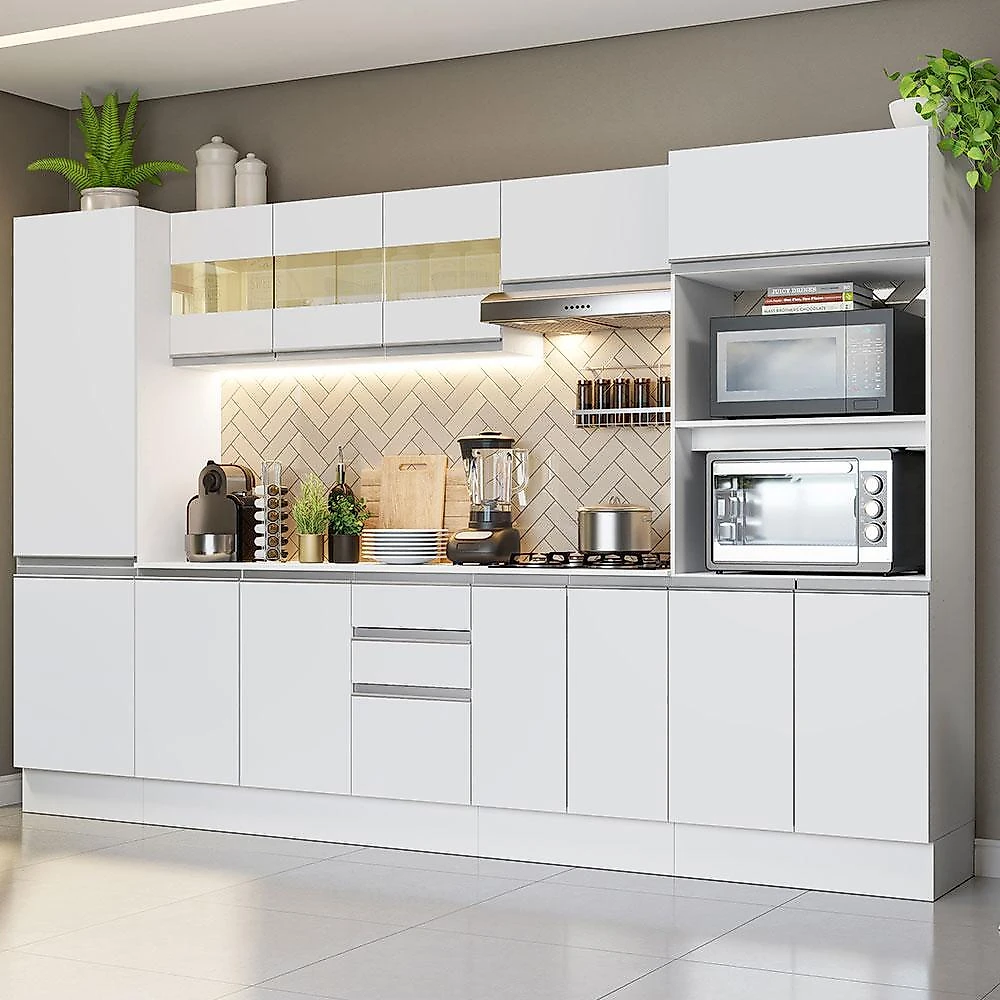 Armário de cozinha completa 100% mdf 300 cm frentes branco smart madesa 01