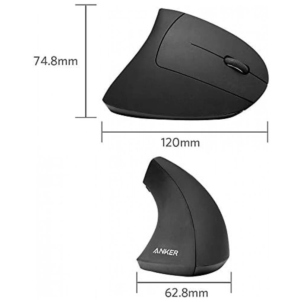 Mouse Ergonômico Vertical Óptico sem Fio Reduz a Tensão do Pulso Multifunções, 800, 1600 DPI, ANKER AK 98ANWVM UBA, Pret...