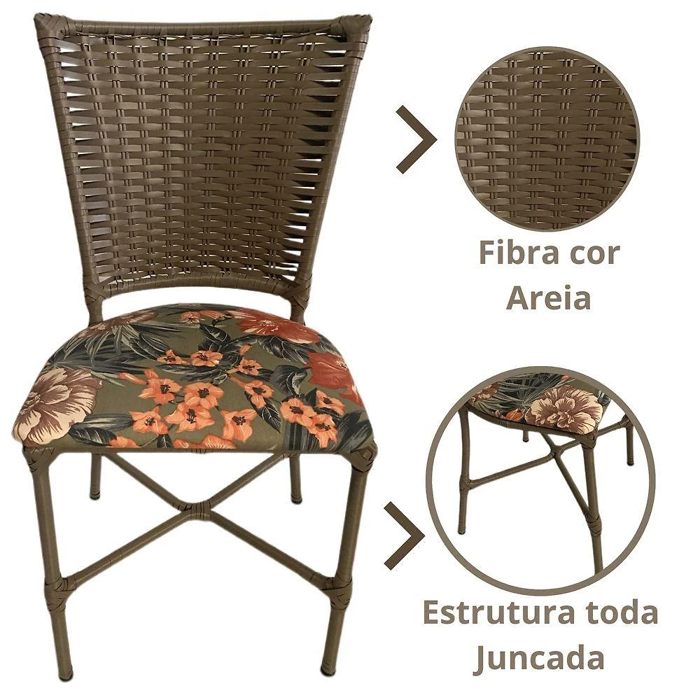 Miniatura 4 Cadeiras Vivara Mesa Jantar Estofada Cozinha Fibra Sintética Areia Assento floral Laranja