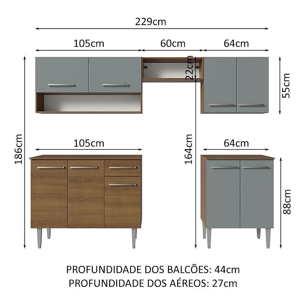 Armário De Cozinha Compacta 229cm Rustic/cinza Emilly Madesa 15 Rustic/cinza