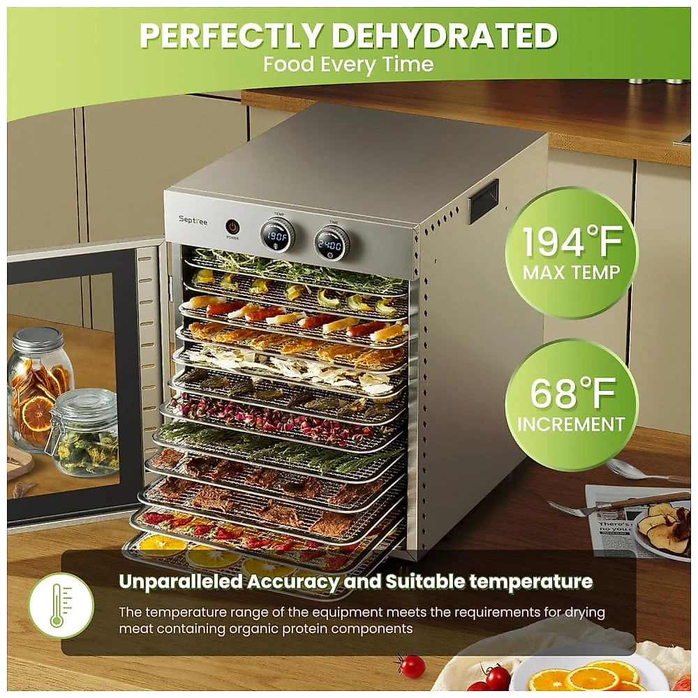 Desidratador de Alimentos Septree Prata 12 Bandejas Aço Inox Timer 24h 20°C-90°C 1000W 120V