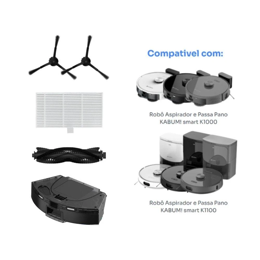 Kit reposição para Robô Aspirador KABUM! smart K1000/K1100 - 1 Filtro HEPA +2 Escovas Laterais +1 Reservatório +1 Escova Rotativa - PRMA421