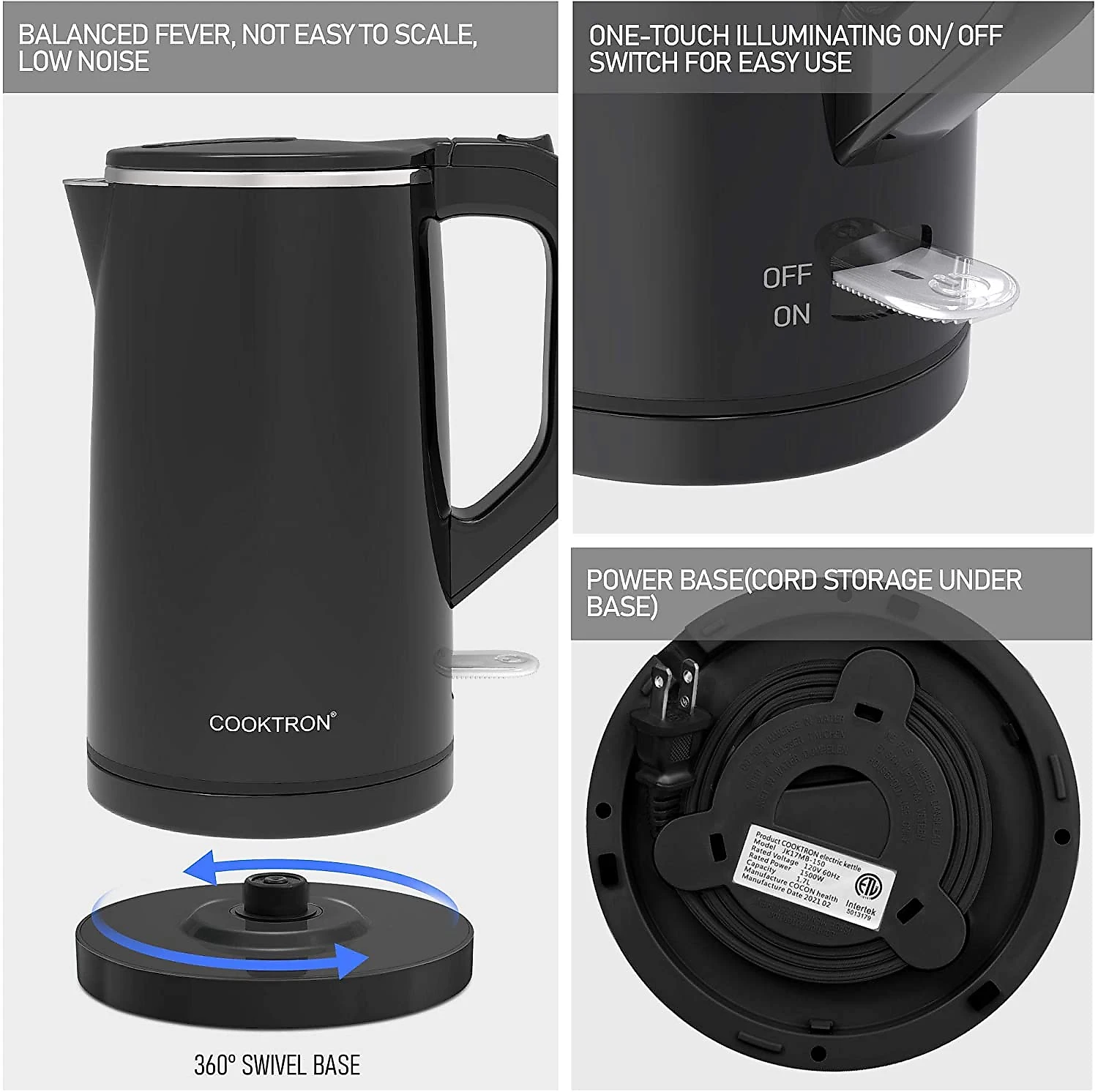 COOKTRON Chaleira Elétrica 17L com Desligamento Automático e P roteção de Fervura 110V1500W Preta