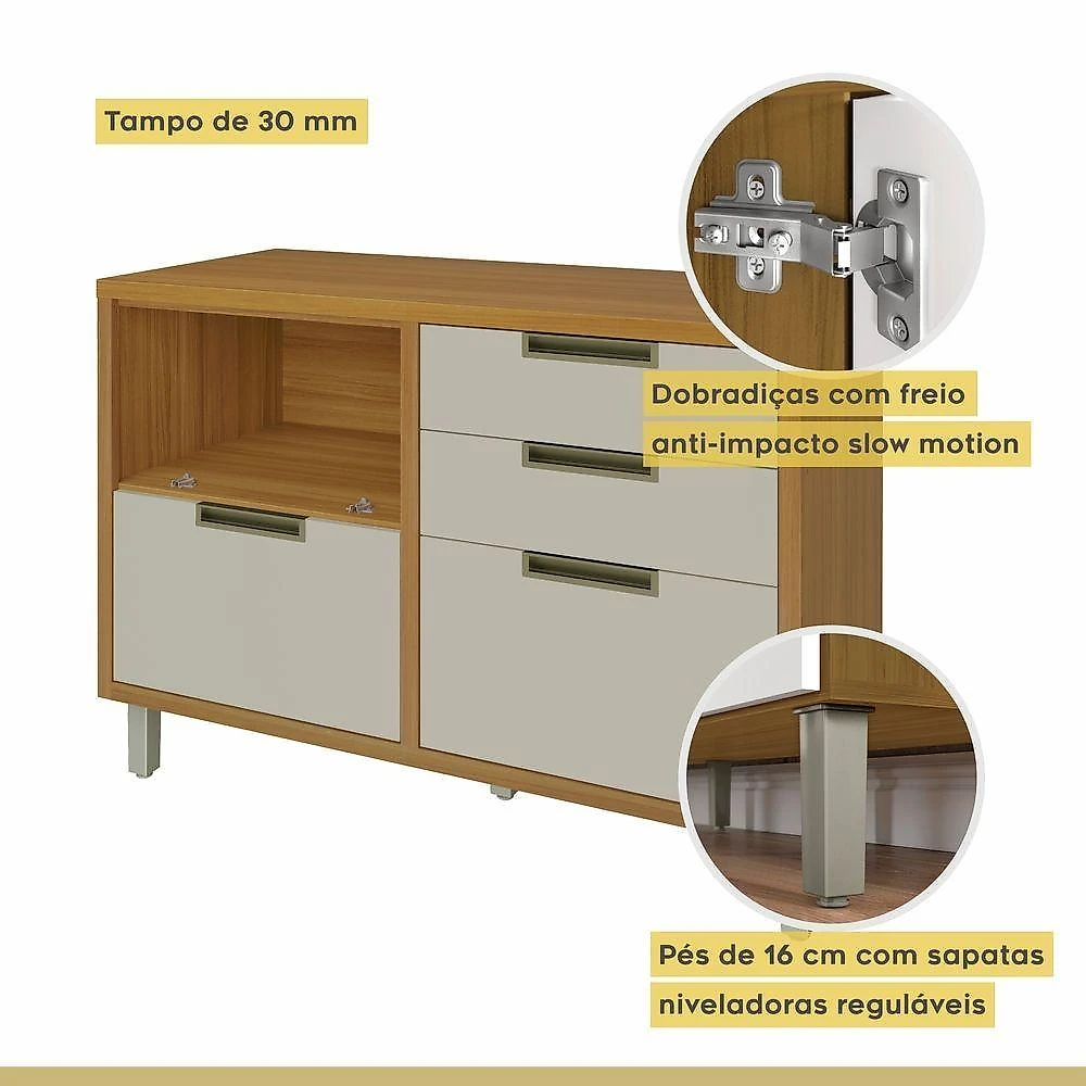 Cozinha Completa Imperatriz Ângulo 9 Peças MDF 268cm Off White e Freijó Contemporânea