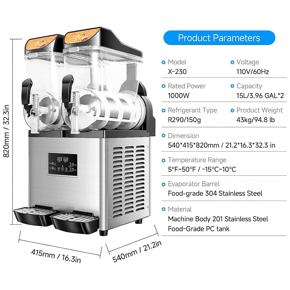 Máquina de Slush Raspadinha EKway 15Lx2 Duplo Tanque Comercial Auto Limpeza LED 110V