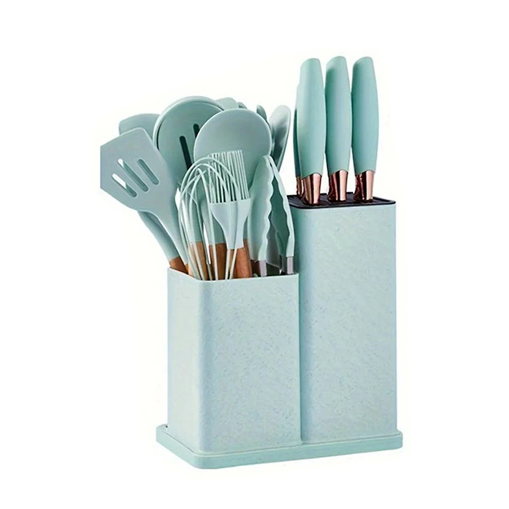 Kit 19 Utensílios De Cozinha Silicone Cabo De Madeira Faca Tábua Verde Água