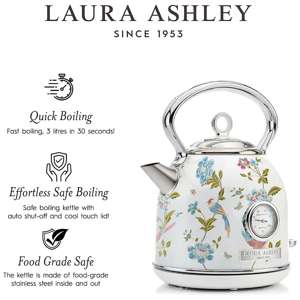 Chaleira Elétrica Laura Ashley 1,7L Inox Branco com Estampa Floral Elveden, Termômetro Externo, Filtro Removível, Dome VQ-SBPKK336-LAEW-US 1500W 110V