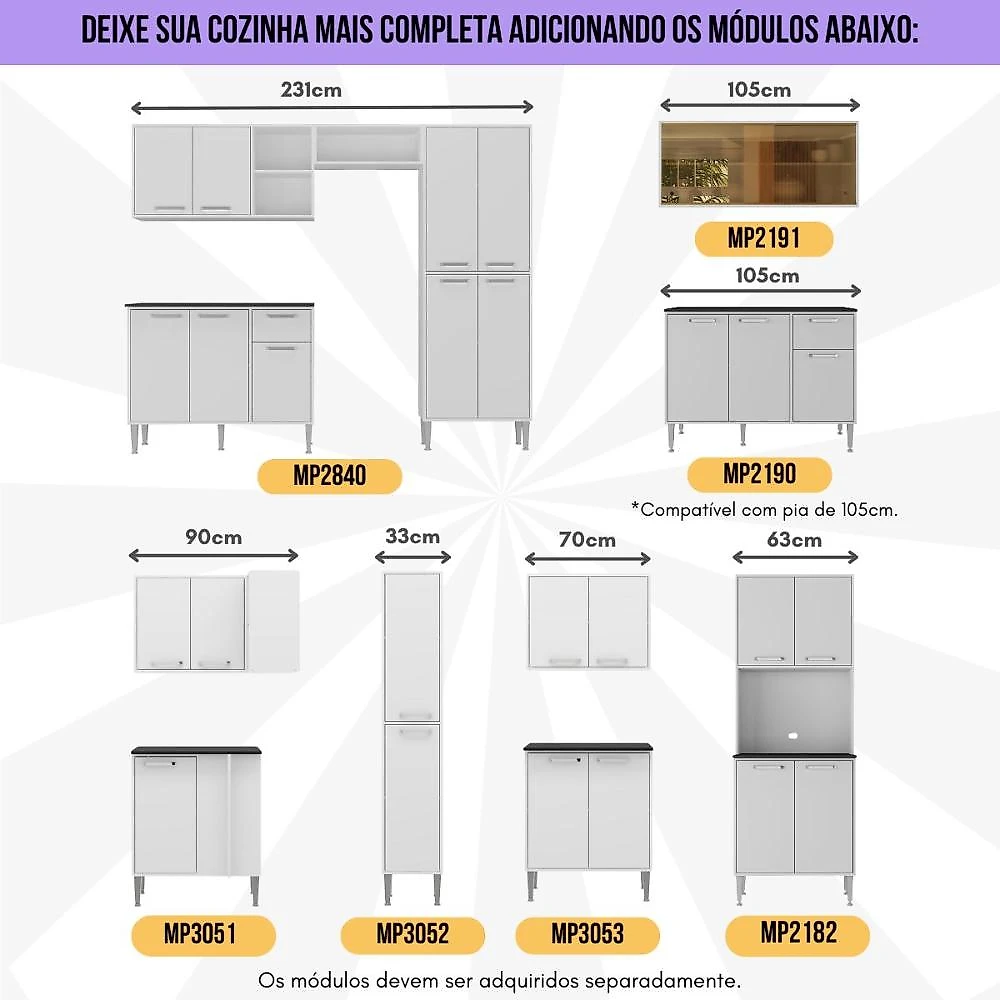 Cozinha Completa Compacta Armário Balcão FL2241 Multimóveis Branco