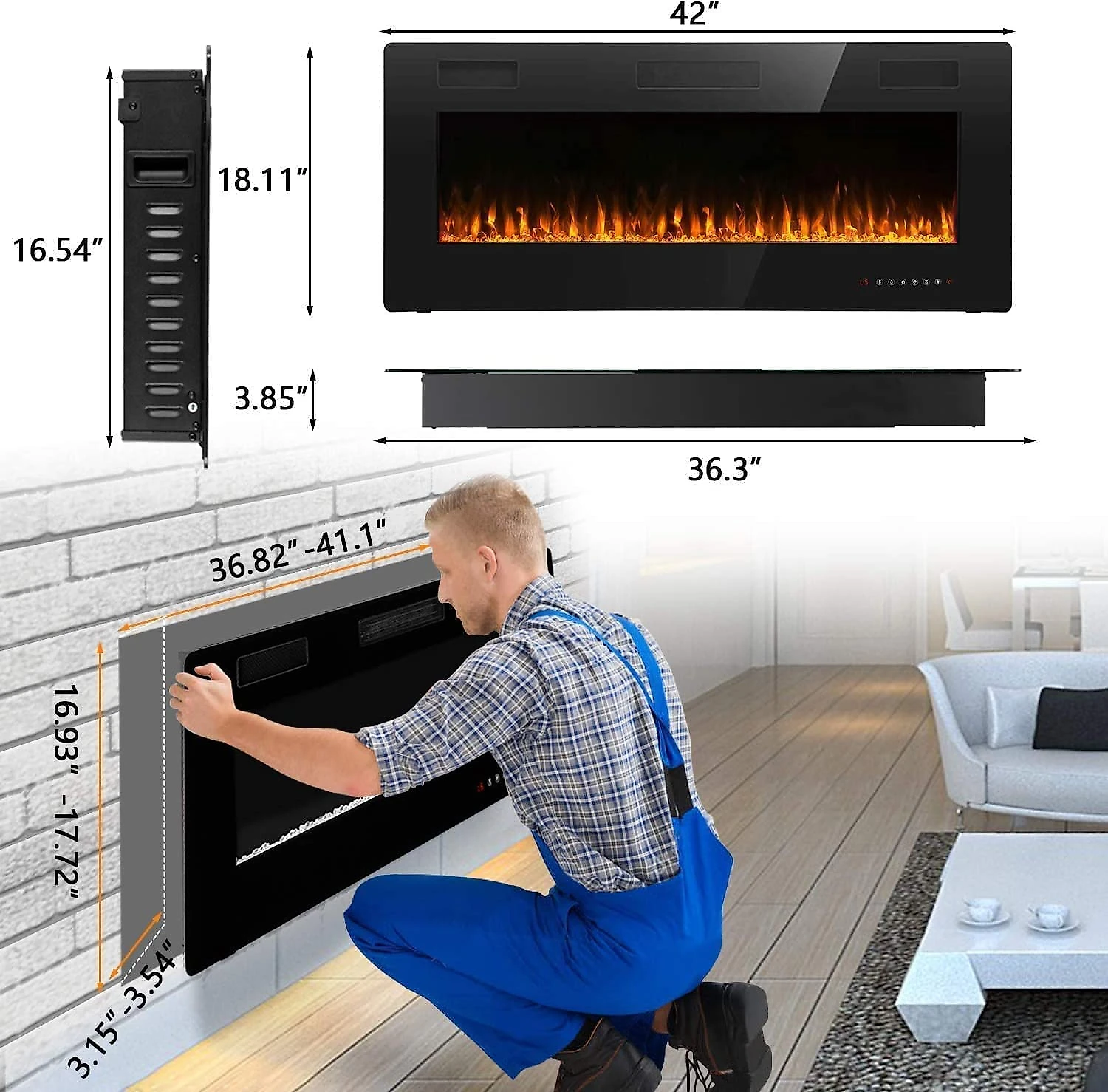 BOSSIN Lareira Eletrica de Embutir Ultrafina A45x106L com Controle Remoto e Digital Luz LED Chama Ajustavel 110V1500W