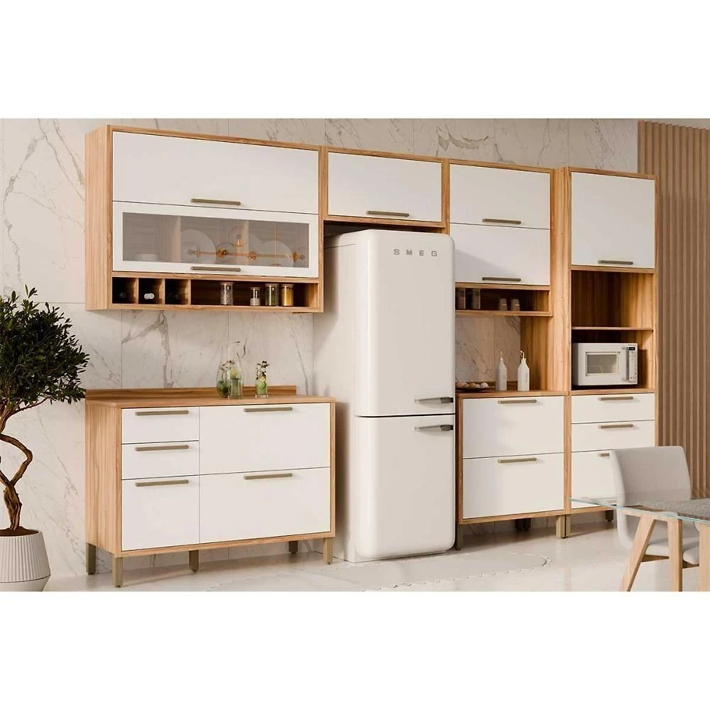 Cozinha Completa Kit Syrah C6P113 10 Portas 6 Gavetas 300CM Amêndoa Branco com Paneleiro e Balcão