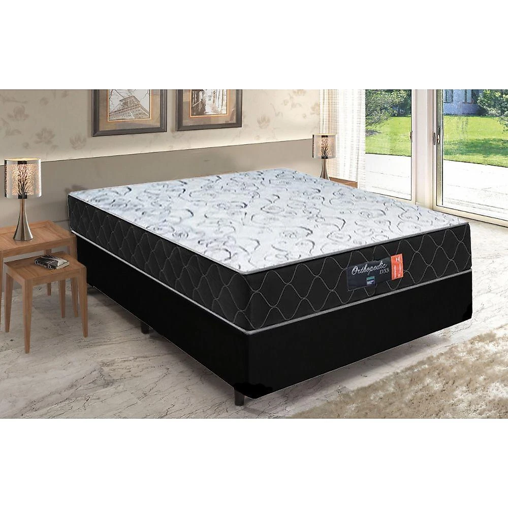 Cama Box Casal + Colchão Semi Ortopédico Extra Firme Espuma D33 Prime Colchões 138x188x72 Preto
