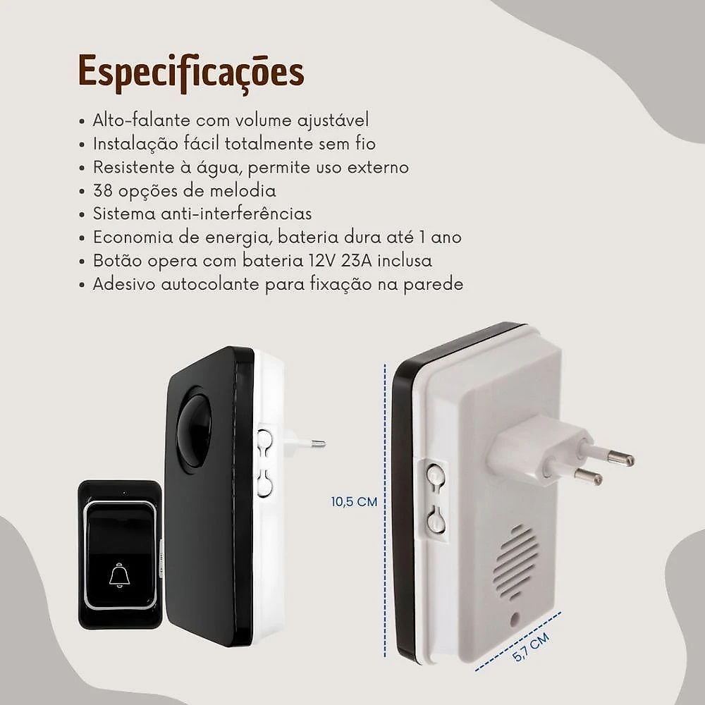 Campainha sem Fio Residencial Bivolt com 38 Toques à Prova D’água e Alcance de 200 Metros OEM