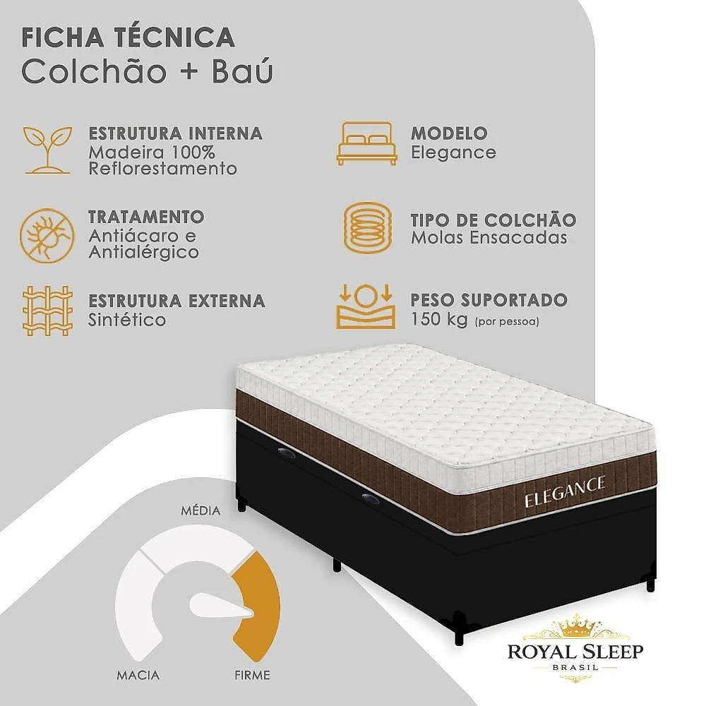 Cama Box com Baú Solteiro Elegance Euro Pillow Molas Ensacadas Tecido Off White Royal