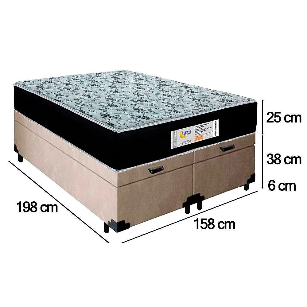Cama Box Baú Queen Bipartido Suede + Colchão Molas Ensacadas Sereneprime Sonnolux 158x198x69 Bege