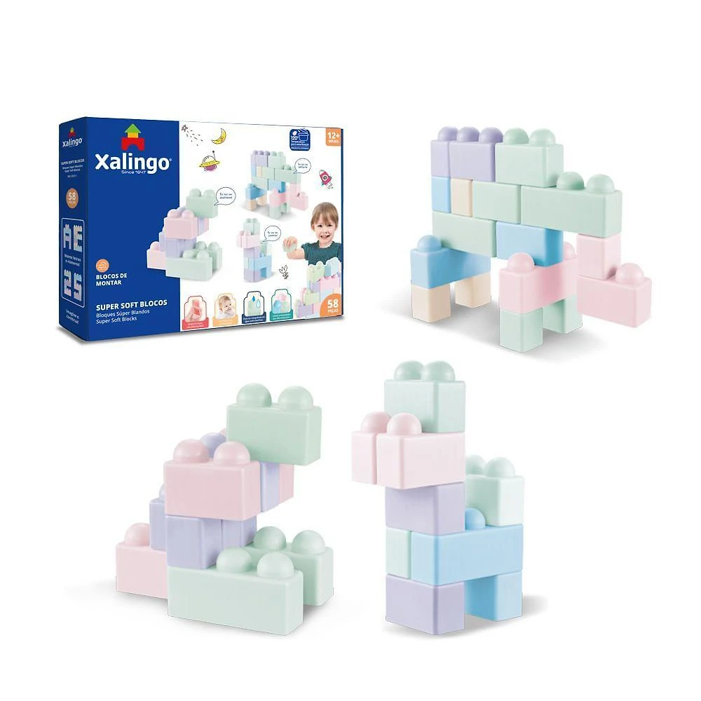 Brinquedo Educativo de Montar Soft Blocos 58 Peças com 2 Bonecos Inclusos Azul Xalingo Brinquedos