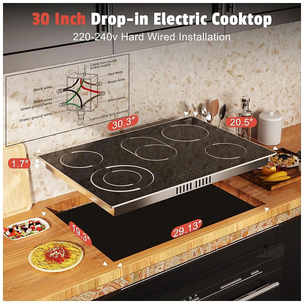Cooktop elétrico vitrocerâmico 30cm 2 zonas Jessier 3000W moldura metálica touch timer trava segurança 220V