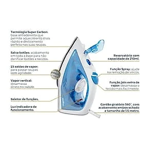 Ferro de Passar Britânia BF07 Base Antiaderente Vapor Vertical Reservatório Azul 110V