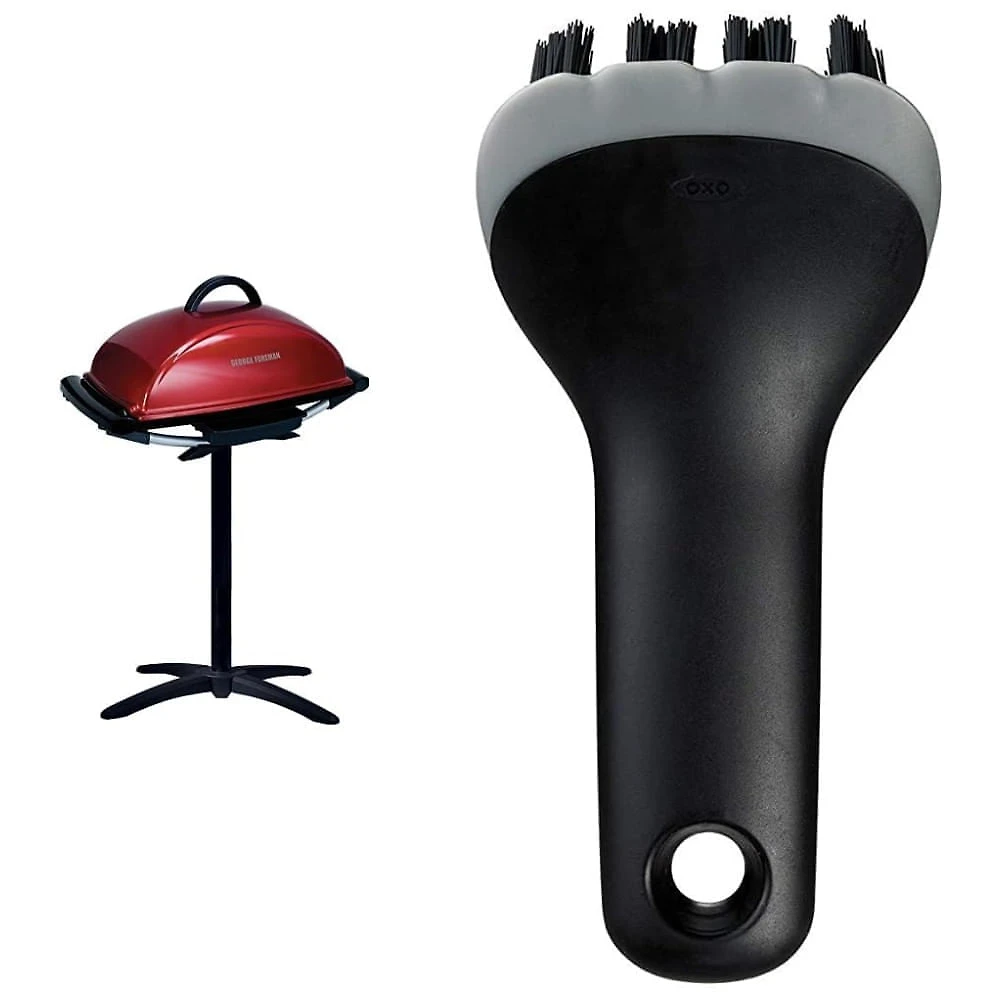 Churrasqueira Elétrica Retangular George Foreman para Ambientes Internos e Externos, Vermelha + Escova Elétrica OXO Good Grips para Grill e Panini