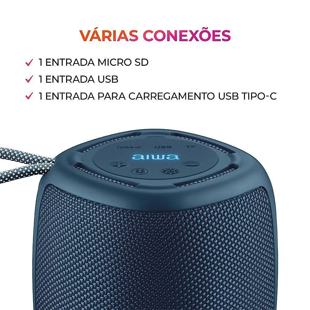 Caixa de som aiwa aws-sp-03-bl 15w bluetooth ipx4 com iluminação rgb azul