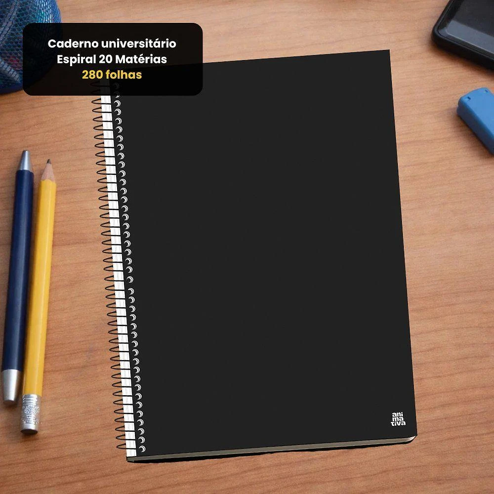 Caderno Universitario Espiral 20 Materias 280 Folhas Capa Dura Preta com Divisorias Internas