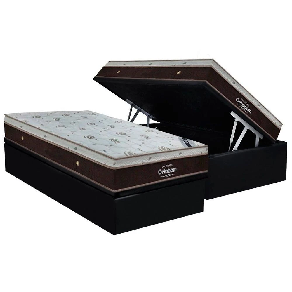Cama Box Baú Solteiro: Colchão Molas Superpocket Ensacadas Ortobom Sleep King + Base Crc Suede Black (88x188)