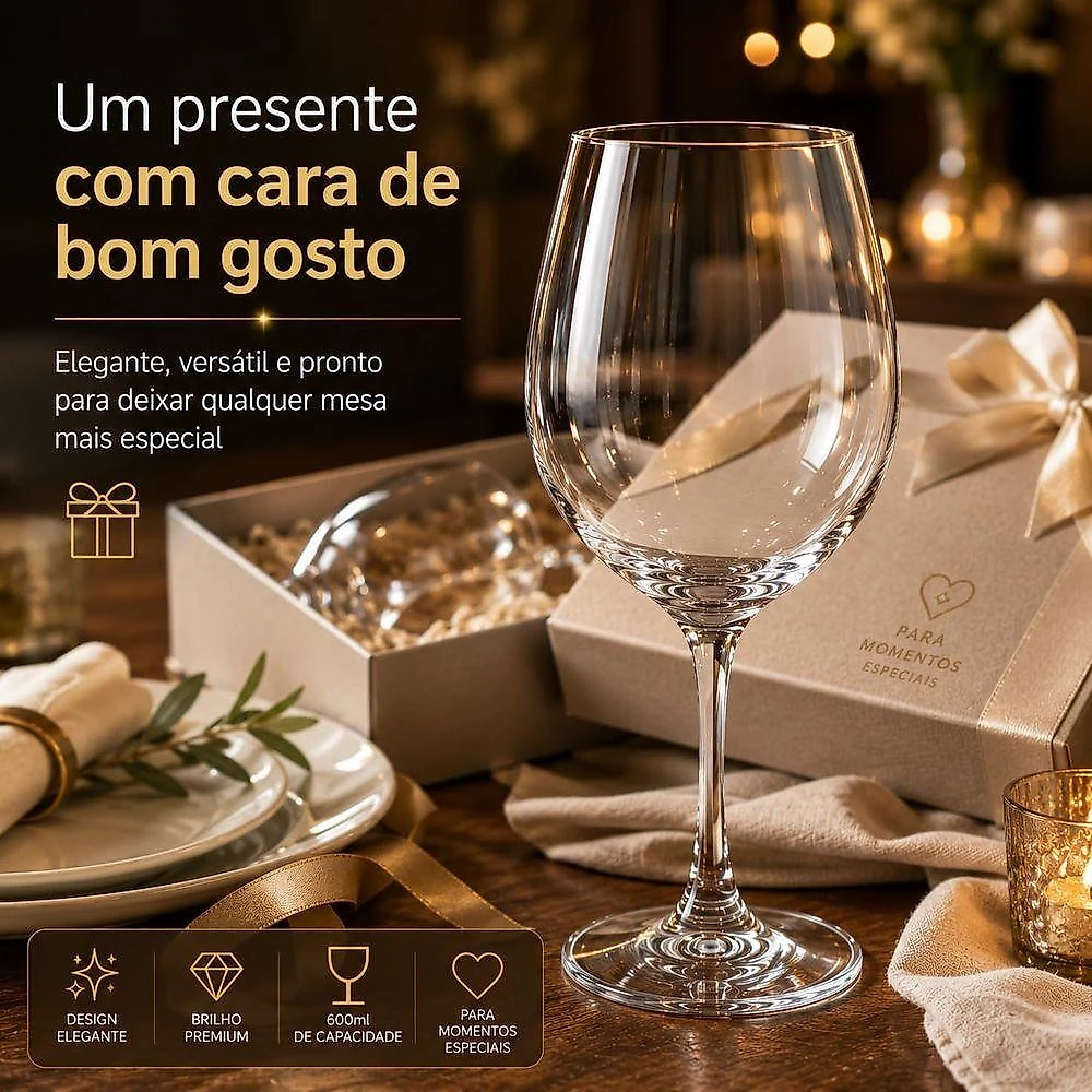 Taça de Cristal Ecológico Tipo Bohemia 600ml Design Elegante Vidro Transparente Jogo com 6