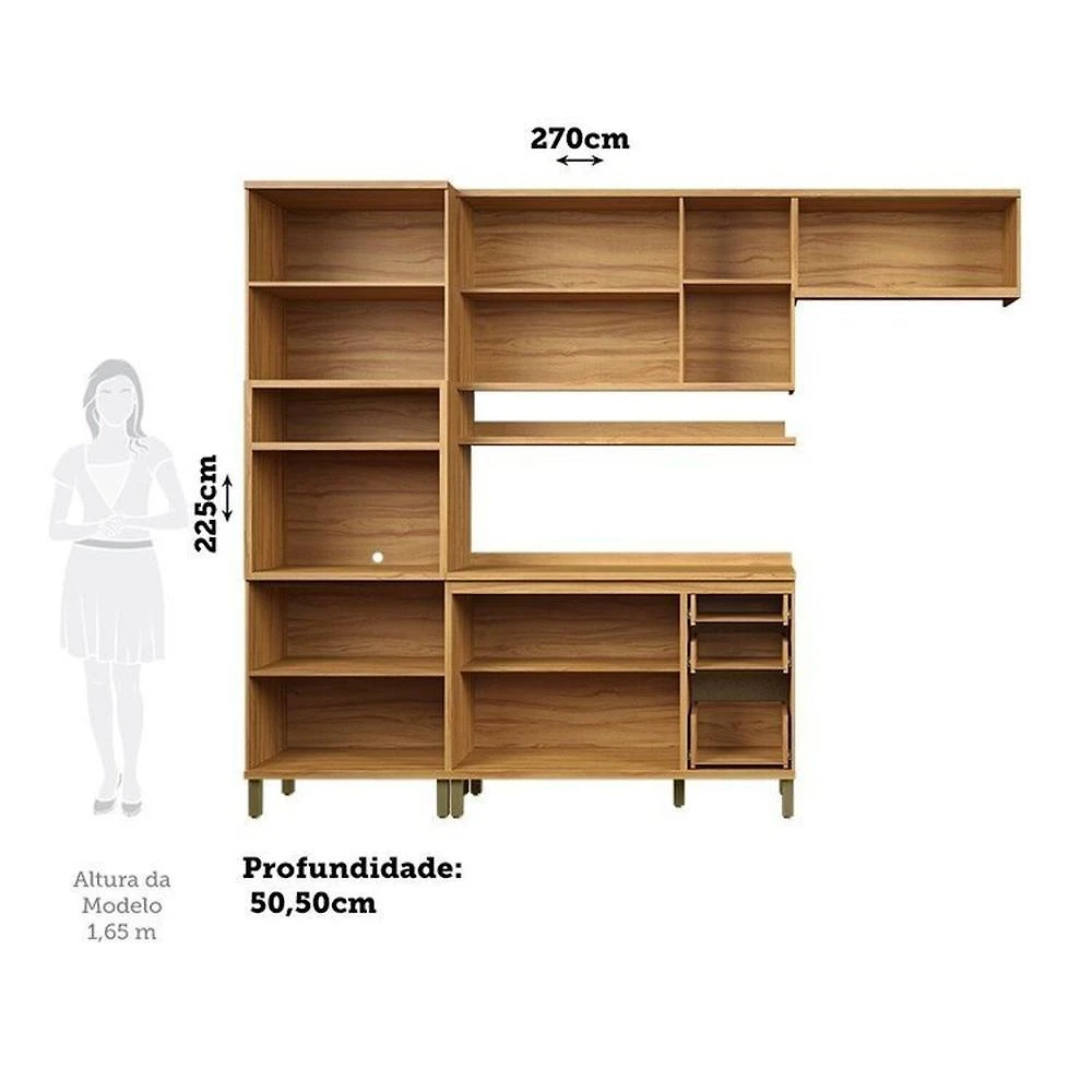 Cozinha Modulada Compacta 270cm 4 Peças 10 Portas com Tampo 100% MDF Noruega Fresada Espresso Móveis Amêndoa/Chumbo