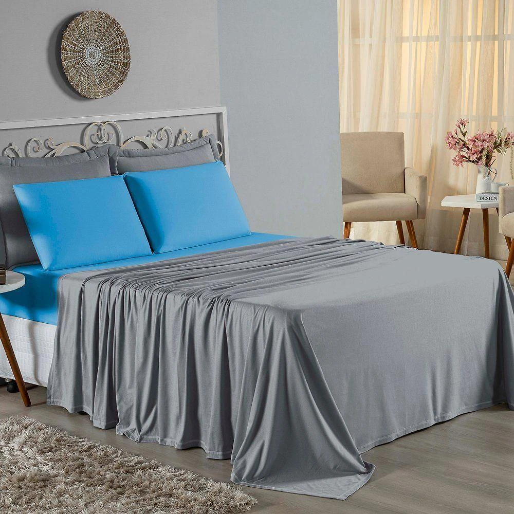 Jogo De Cama Queen Nobre 4 Peças Lençol Com Elástico De 30cm De Altura Malha 100% Algodão - Cinza / Turquesa