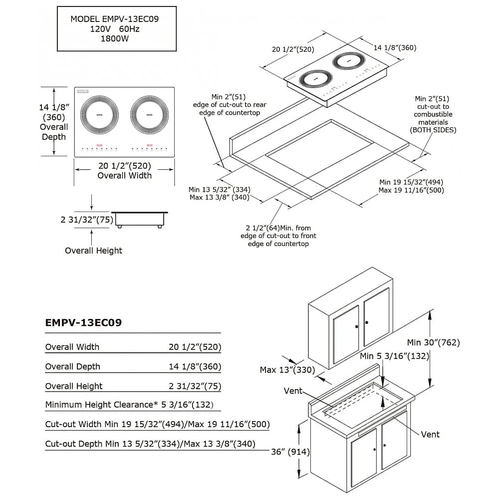 Cooktop de Indução Duplo Empava 2 Bocas, Topo de Vidro Plano à Prova de Quebra, 18 Níveis de 48°C a 238°C, 3 Modos Pré-Definidos, Cooktop Embutido