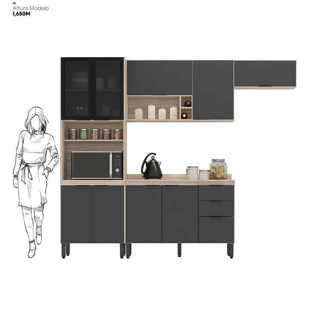 Cozinha Modulada Firenze 10 Portas 2 Gavetas Avena/grafito Demobile Avena/grafito