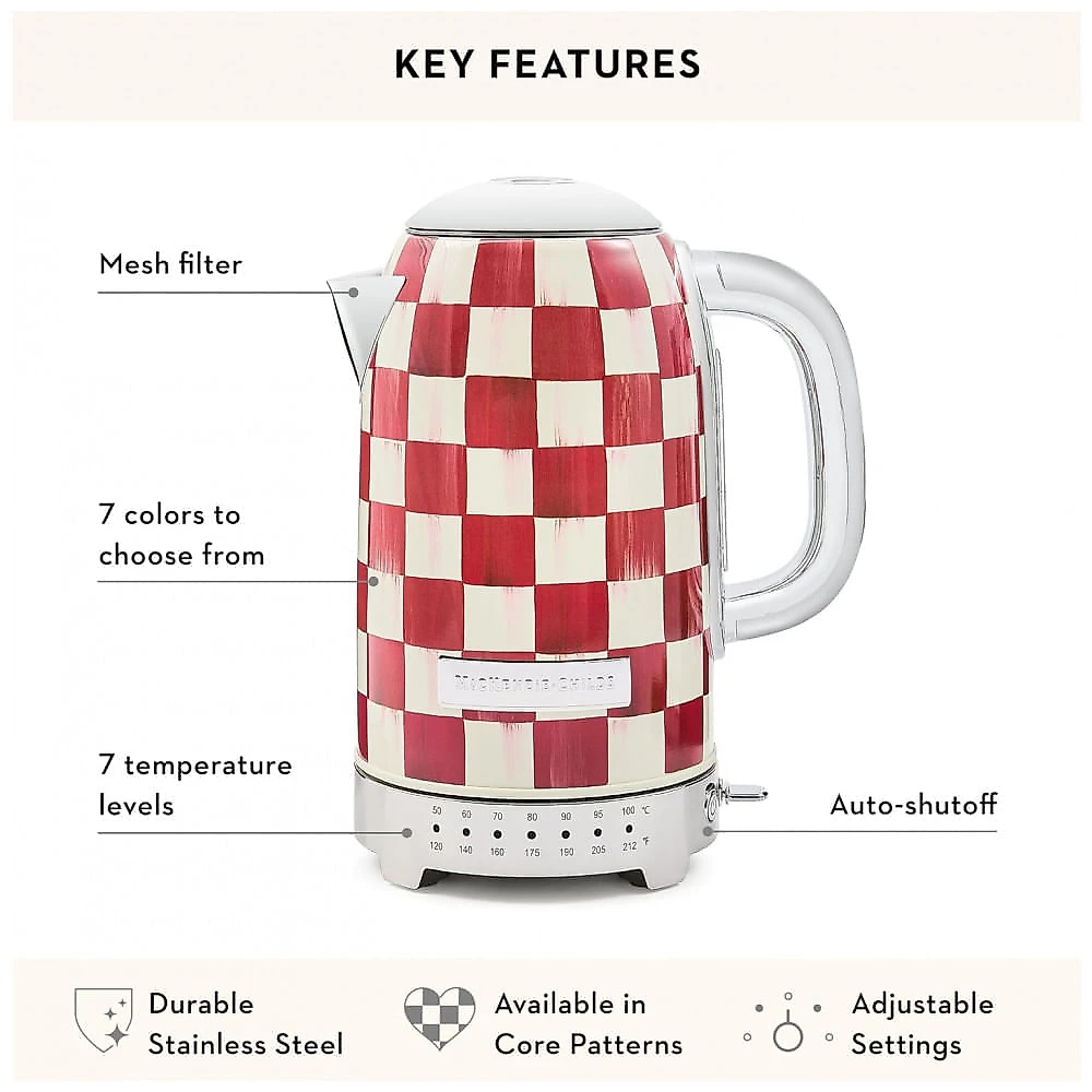 Conjunto chaleira elétrica e torradeira 2 fatias MacKenzie-Childs Cherry Check vermelha e branca inox 1500W e 850W 110V