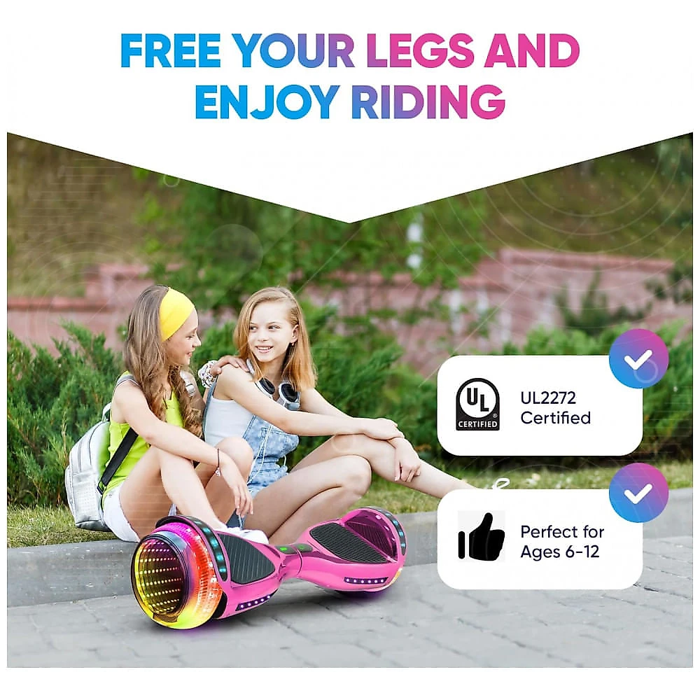 Hoverboard Emaxusa Rosa de 6,5 Polegadas para Crianças com Bluetooth, Rodas LED Estilo Túnel e Superfície Antiderrapante