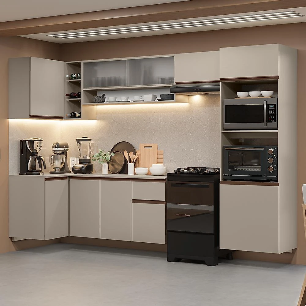 Armário de cozinha completa de canto suspenso 385cm crema nice madesa 01