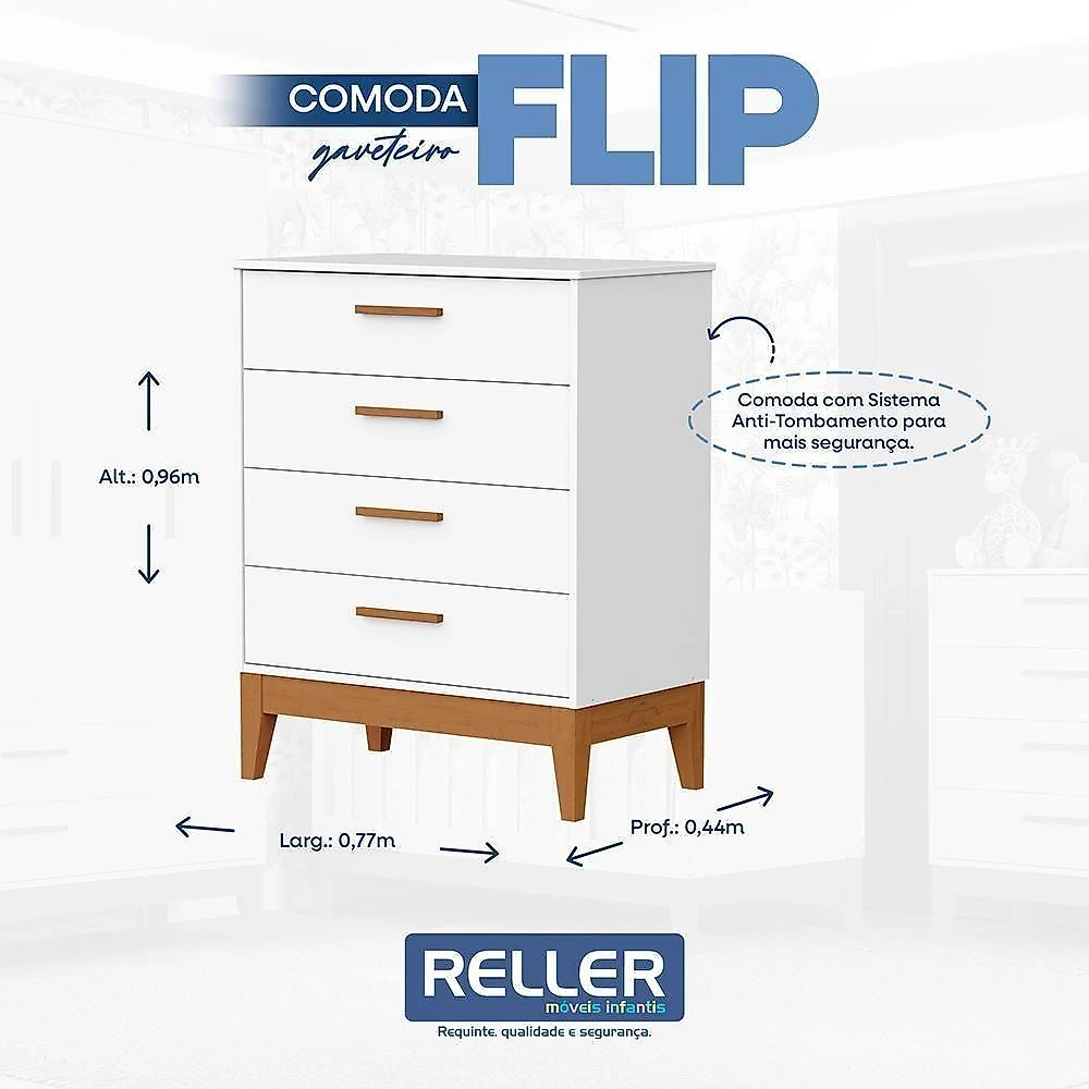 Jogo De Quarto Infantil Flip Cômoda 4 Gavetas E Berço Americano Branco Fosco - Reller Móveis Branco Fosco