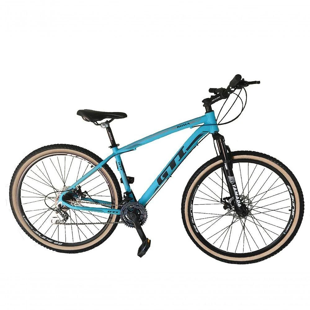Bicicleta Aro 29 Gti Roma Alumínio 27v Freio Disco Mecânico Pneu Faixa Bege - Azul Tam.17