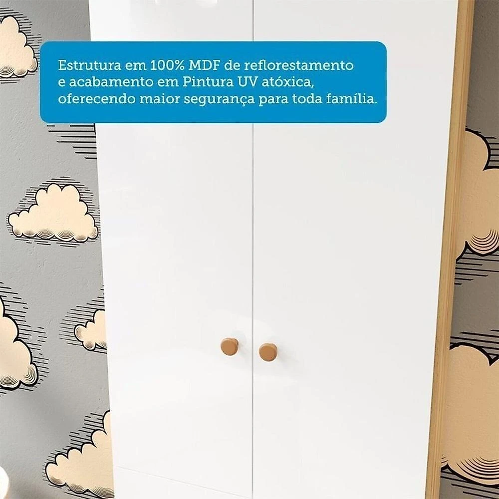 Quarto de Bebê com Guarda Roupa 2 Portas e Berço Teka 100% Mdf Espresso Móveis Branco Brilho/Amêndoa