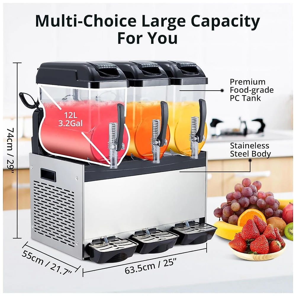 Máquina de Slush Raspadinha Garvee 36L 3-em-1 Triplo Tanque Inox 860W