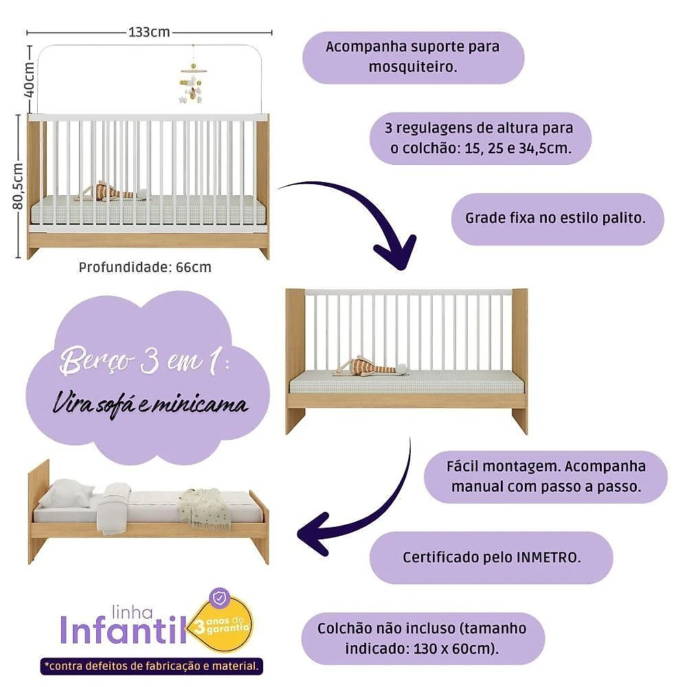 Quarto De Bebê Completo Com Berço 3 Em 1 Para Colchão 130x60cm Sol Multimóveis MP4522 Madeirado-branco