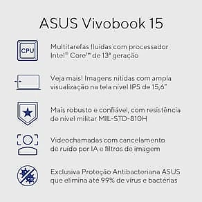 Notebook ASUS Vivobook 15 Core i5, 8GB RAM, 256GB SSD, Tela 15,6” FHD Windows 11, Cool Silver– X1504VA-NJ1738W