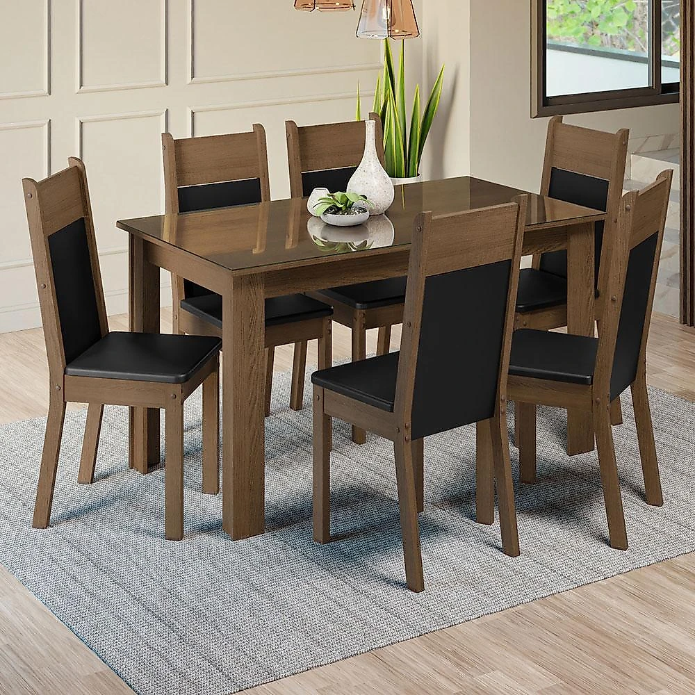 Conjunto sala de jantar mesa tampo de vidro 6 cadeiras zoe madesa preto/rustic