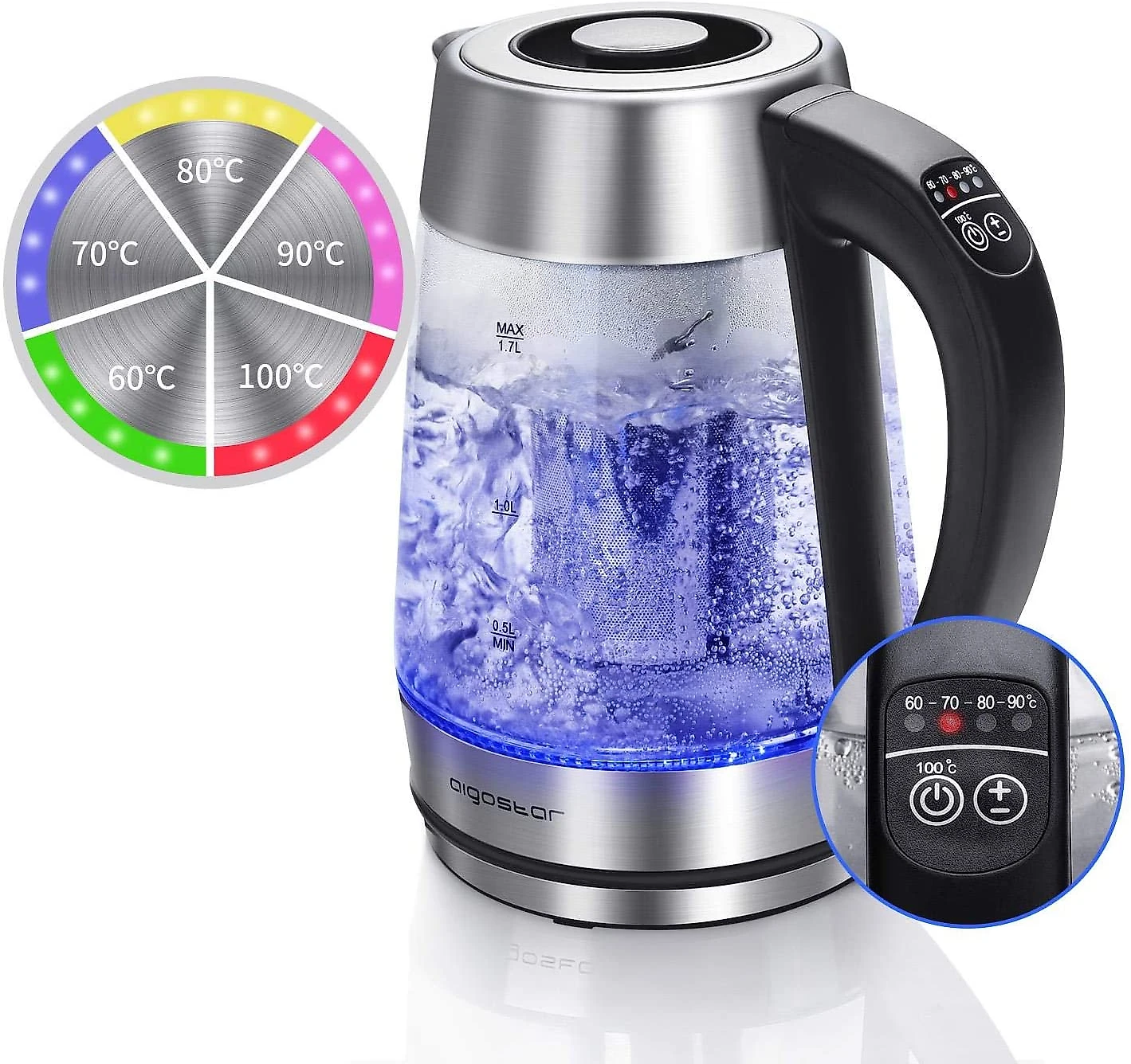 Aigostar Chaleira Elétrica 17L com Desligamento Automático A ço Inoxidável 1100W110V Prata